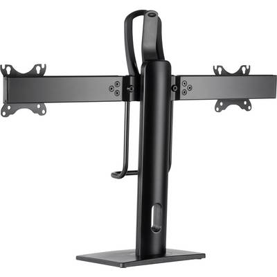 Support de moniteur en métal noir avec des bras flexibles et un système de gestion des câbles, adapté à deux écrans.