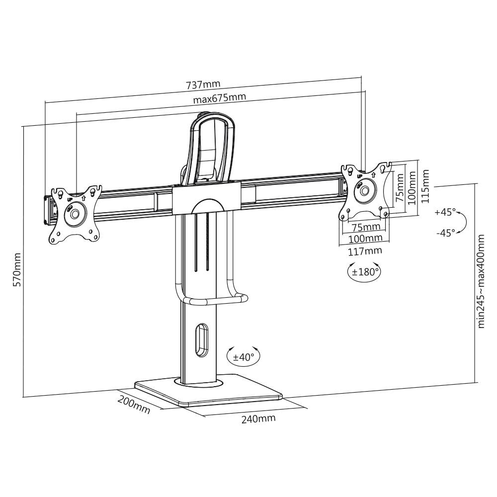 Esquisse d'un support de moniteur avec bras ajustables. Dimensions maximales : largeur 737 mm, hauteur 570 mm, profondeur 240 mm. Options de montage pivotantes.