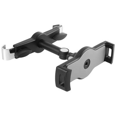 Support de tablette universel en noir et argent, adapté à la fixation sur les appuie-têtes de voiture, réglable pour différentes tailles de tablettes.