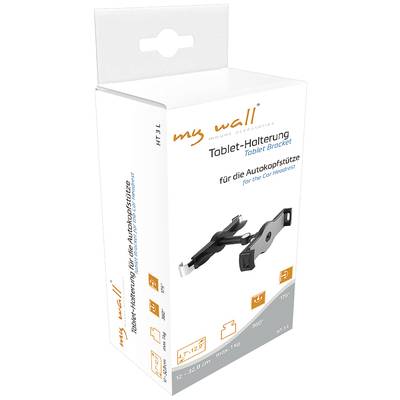 Support de tablette de 'my wall' pour appui-tête de voiture, compatible avec des appareils de 7 à 12,9 pouces. L'emballage présente une image du produit et ses caractéristiques.