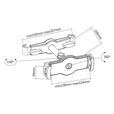Dessin technique d'un support ajustable avec dimensions : largeur min150-max207 mm, min128-max224 mm, pivotant à 360 degrés.