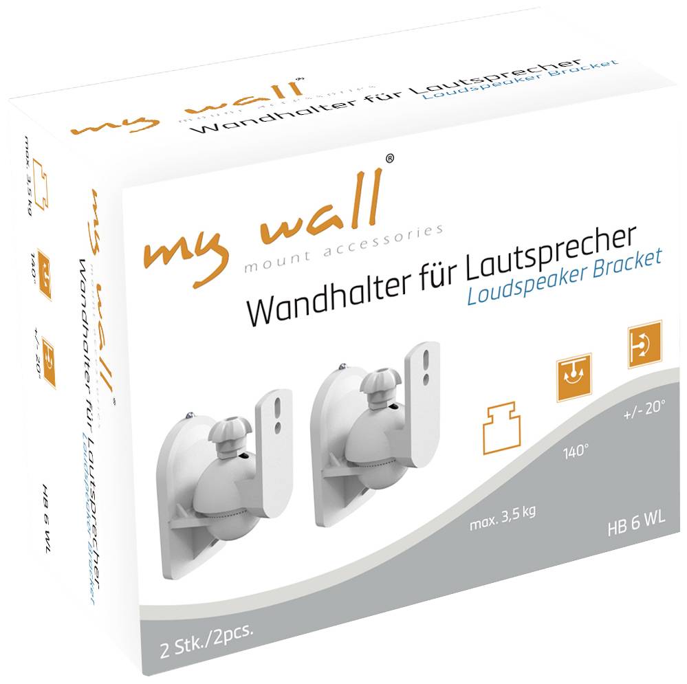 Support mural pour enceintes, présenté dans son emballage avec spécifications : capacité de charge maximale de 3,5 kg, inclinaison de 0°/+20°, deux supports fournis.