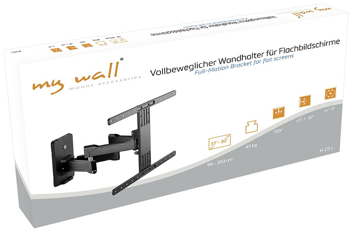 Support mural entièrement articulé pour écrans plats, compatible avec des écrans de 37'' à 86'', présente les applications et les options de montage.