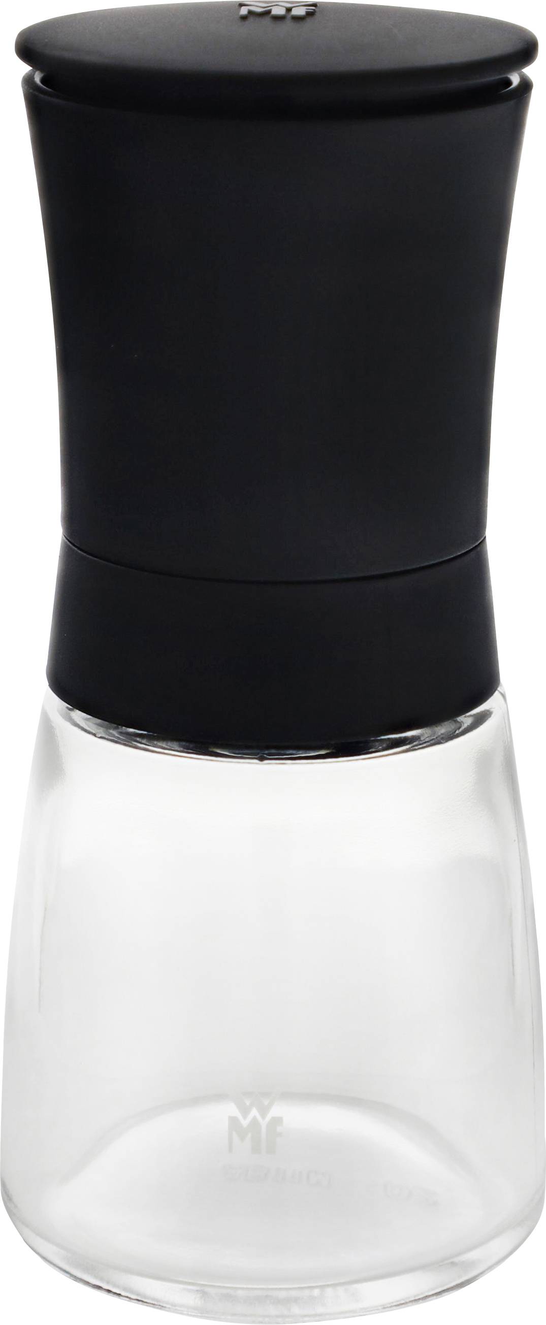 Moulin à poivre en verre avec couvercle noir, adapté pour moudre des épices.