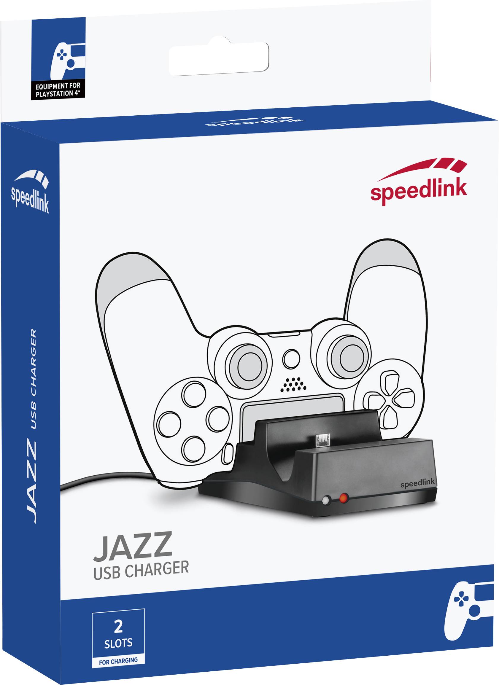 Emballage d'un chargeur USB pour manettes de PlayStation avec illustration d'une manette et deux emplacements de charge.