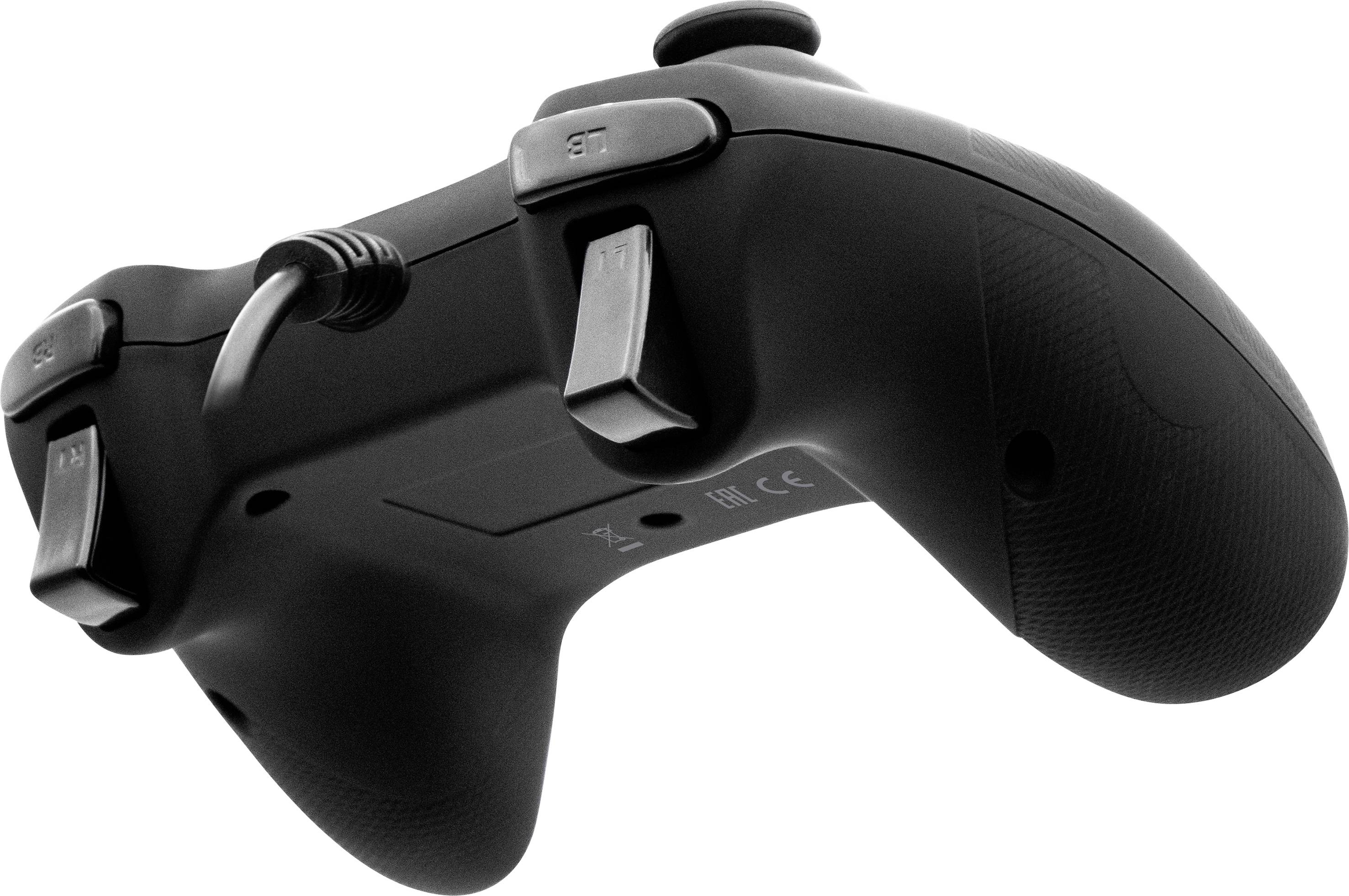 Vue arrière d'une manette de jeu vidéo noire avec deux boutons et une poignée texturée.
