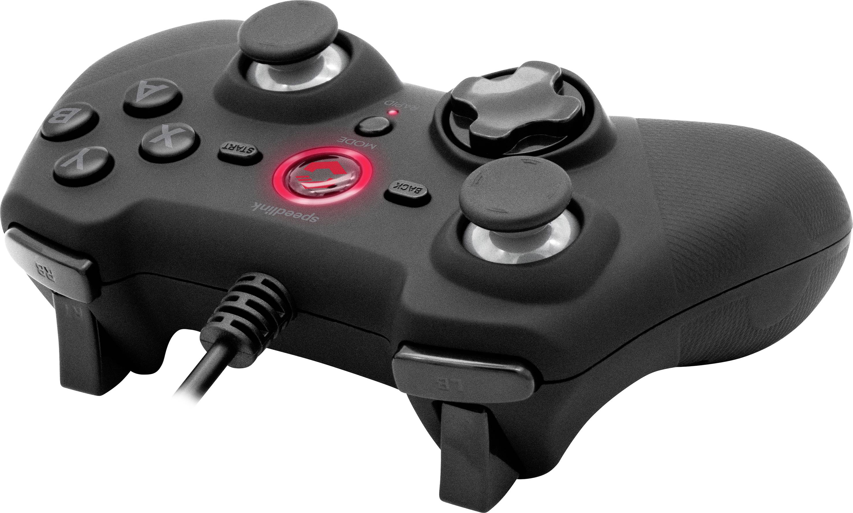 Une manette de jeu noire avec plusieurs boutons, comportant un symbole rouge lumineux au centre. Connectée par un câble.