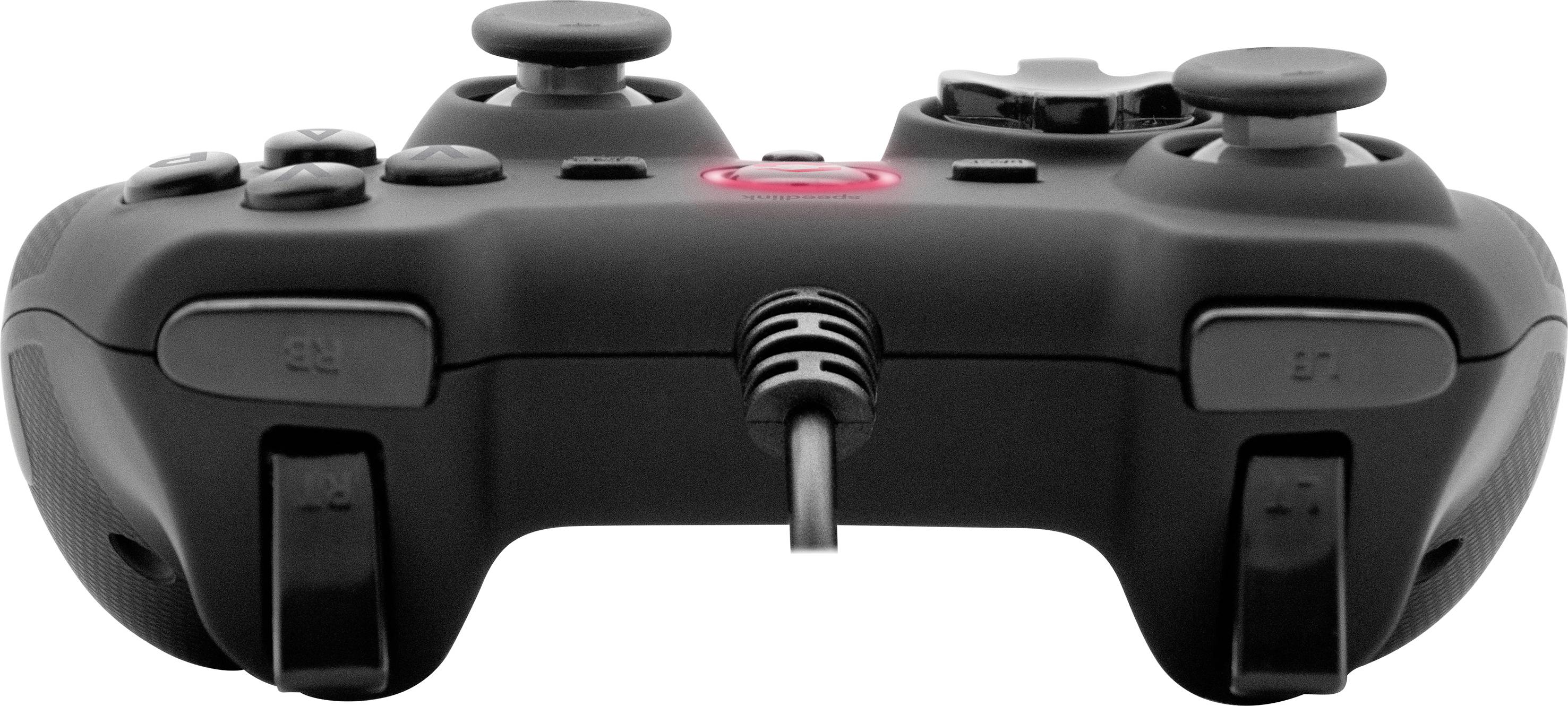 Une manette de jeu noire avec deux joysticks, plusieurs boutons et un câble au milieu, photographiée de dos.