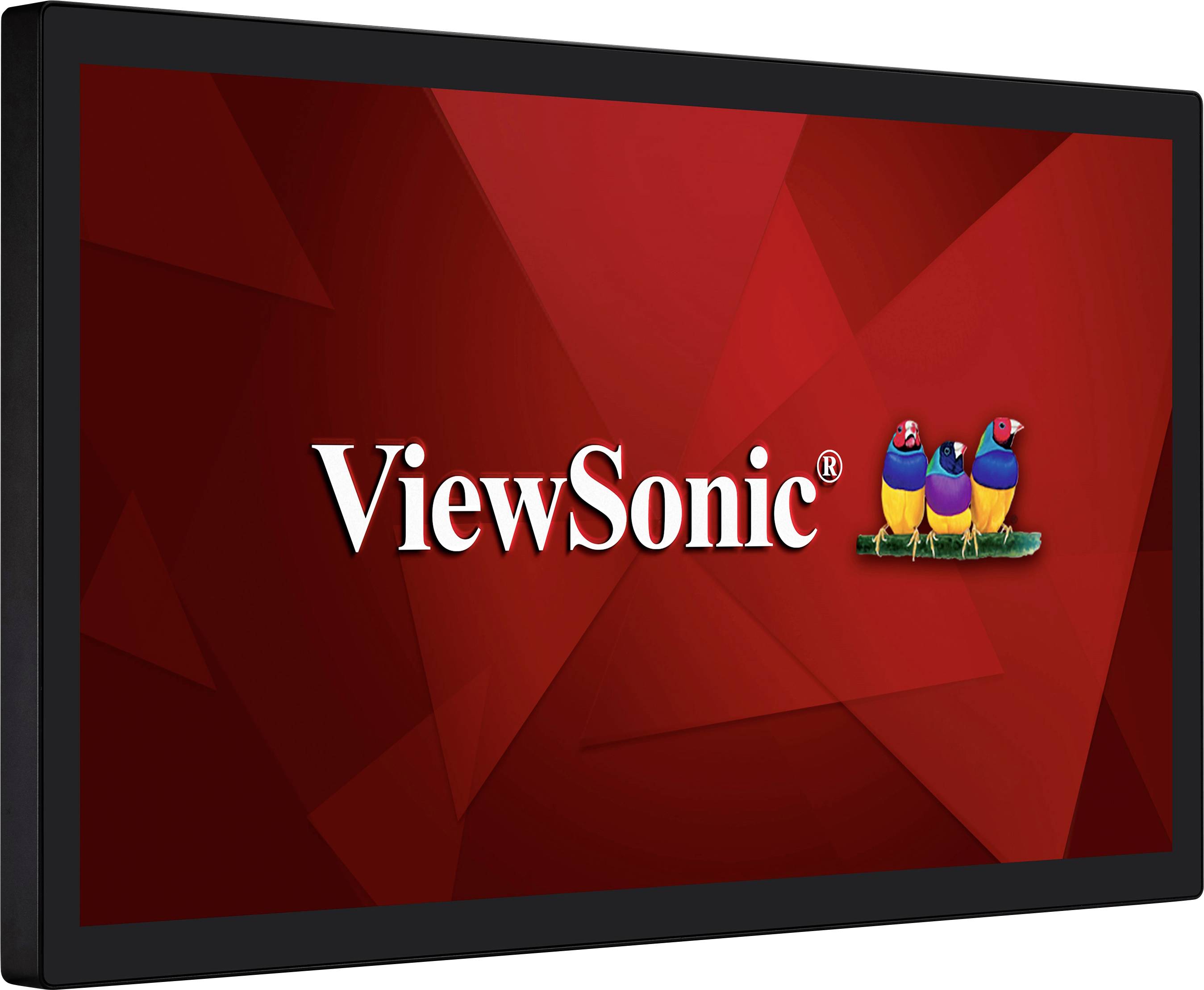 Logo ViewSonic sur fond rouge avec des oiseaux colorés.