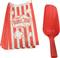 Sacs de pop-corn rouges avec un design 'pop-corn frais' et une pelle rouge, adaptés pour le divertissement ou les événements cinématographiques.