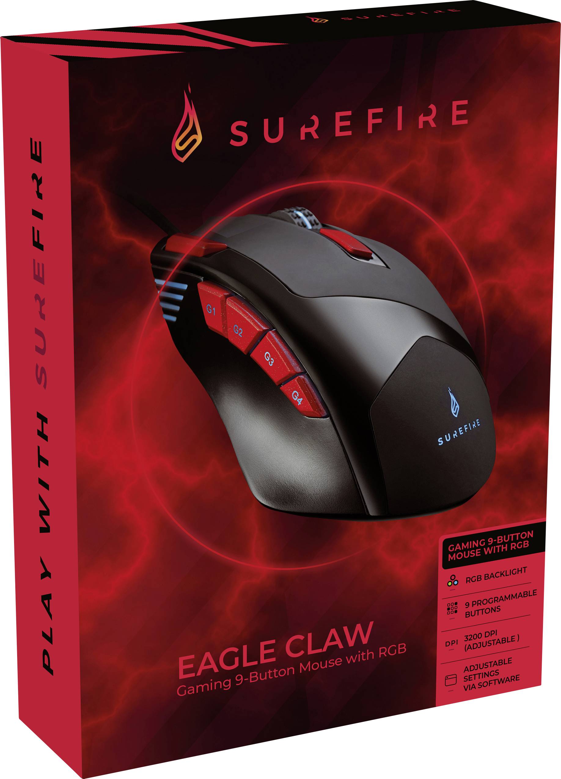 Surefire Gaming Eagle Claw Souris de gaming USB optique noir/rouge 9 Boutons 600 dpi, 800 dpi, 1200 dpi, 1600 dpi, 2400 -6