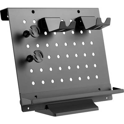 Support en métal noir perforé avec des dispositifs pour suspendre des outils. La partie supérieure comporte des crochets, la partie inférieure une étagère.