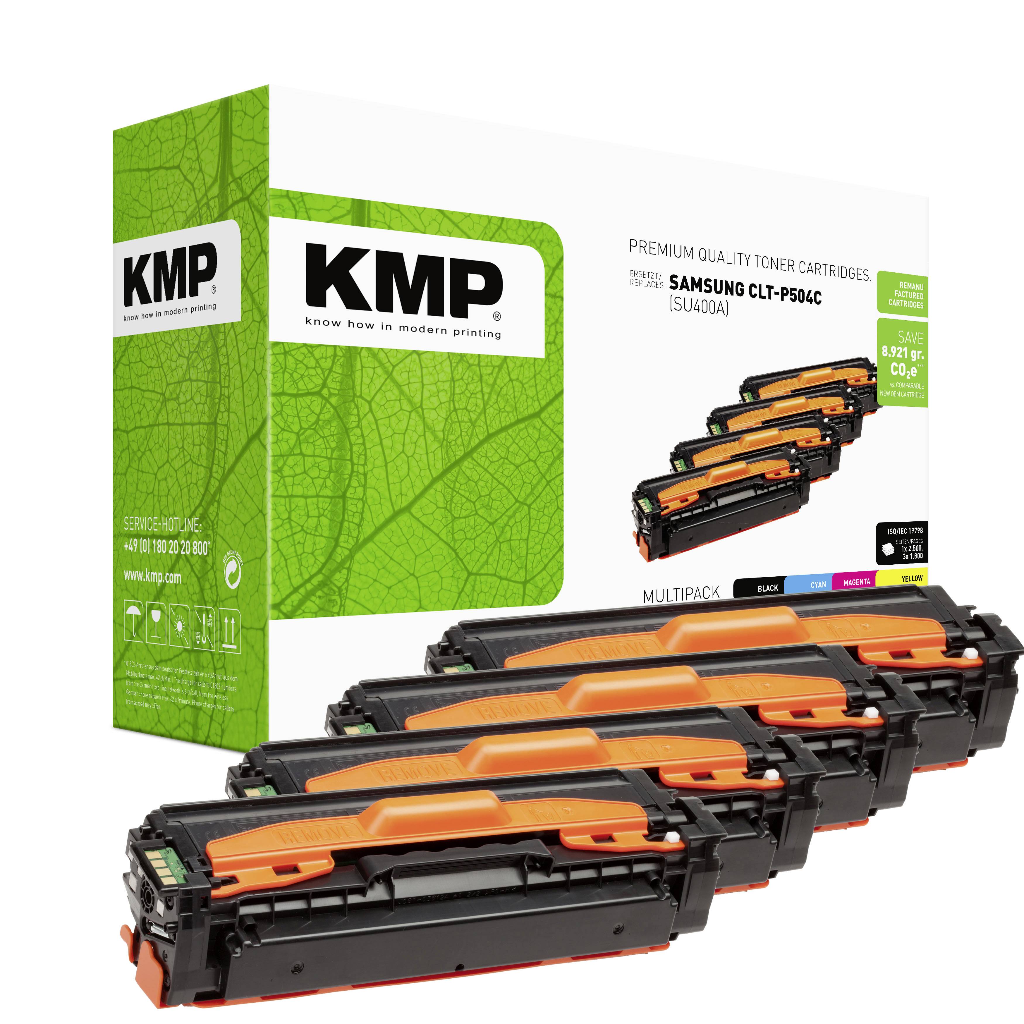 Cartouches de toner KMP de qualité premium en multipack pour Samsung CLP-504C, présentées dans un emballage vert et blanc avec quatre cartouches noires et orange