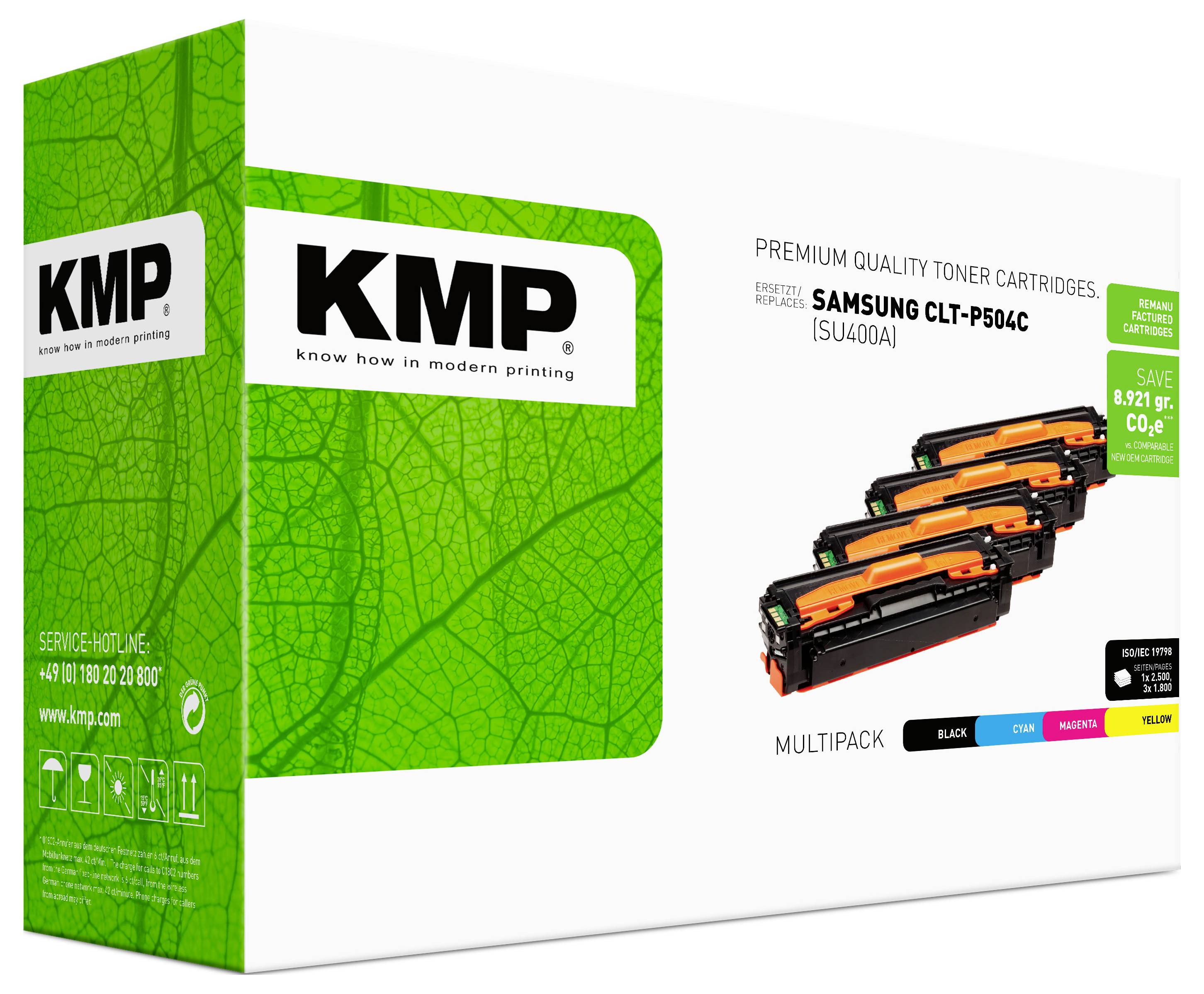 Cartouches de toner KMP de qualité premium multipack pour imprimantes Samsung CLT-P504C, présentées sur un emballage de produit vert et blanc avec quatre cartouches de toner.