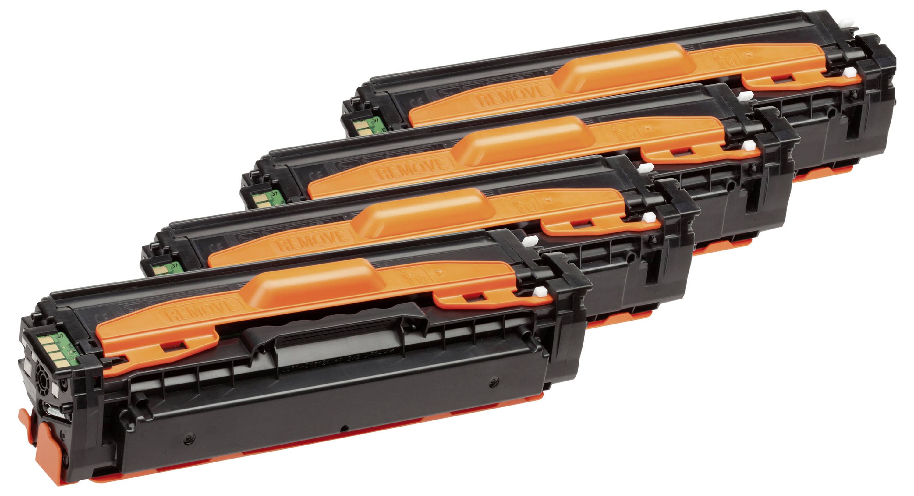 Quatre cartouches de toner d'imprimante noires et orange empilées en diagonale sur un fond blanc.