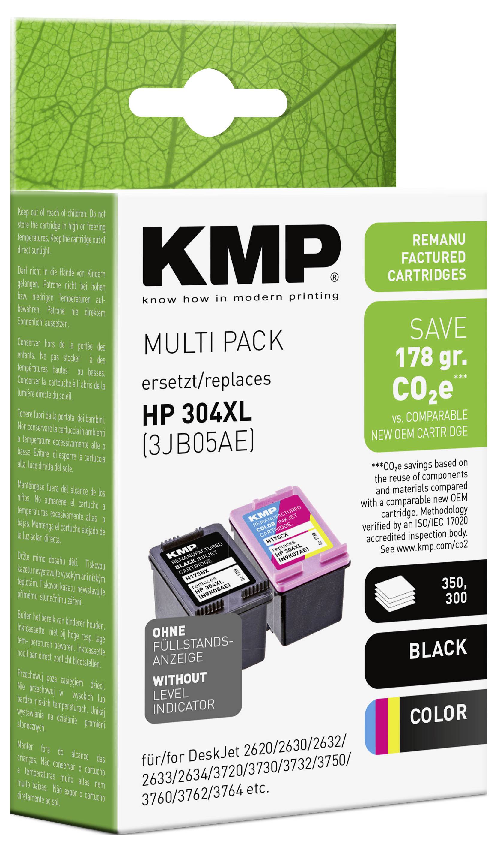 Emballage de produit pour cartouches de rechange multi-pack KMP compatibles avec HP 304XL, montrant des cartouches d'encre noire et couleur et un badge vert affichant la déclaration de durabilité « ÉCONOMISEZ 178 g CO2e ».
