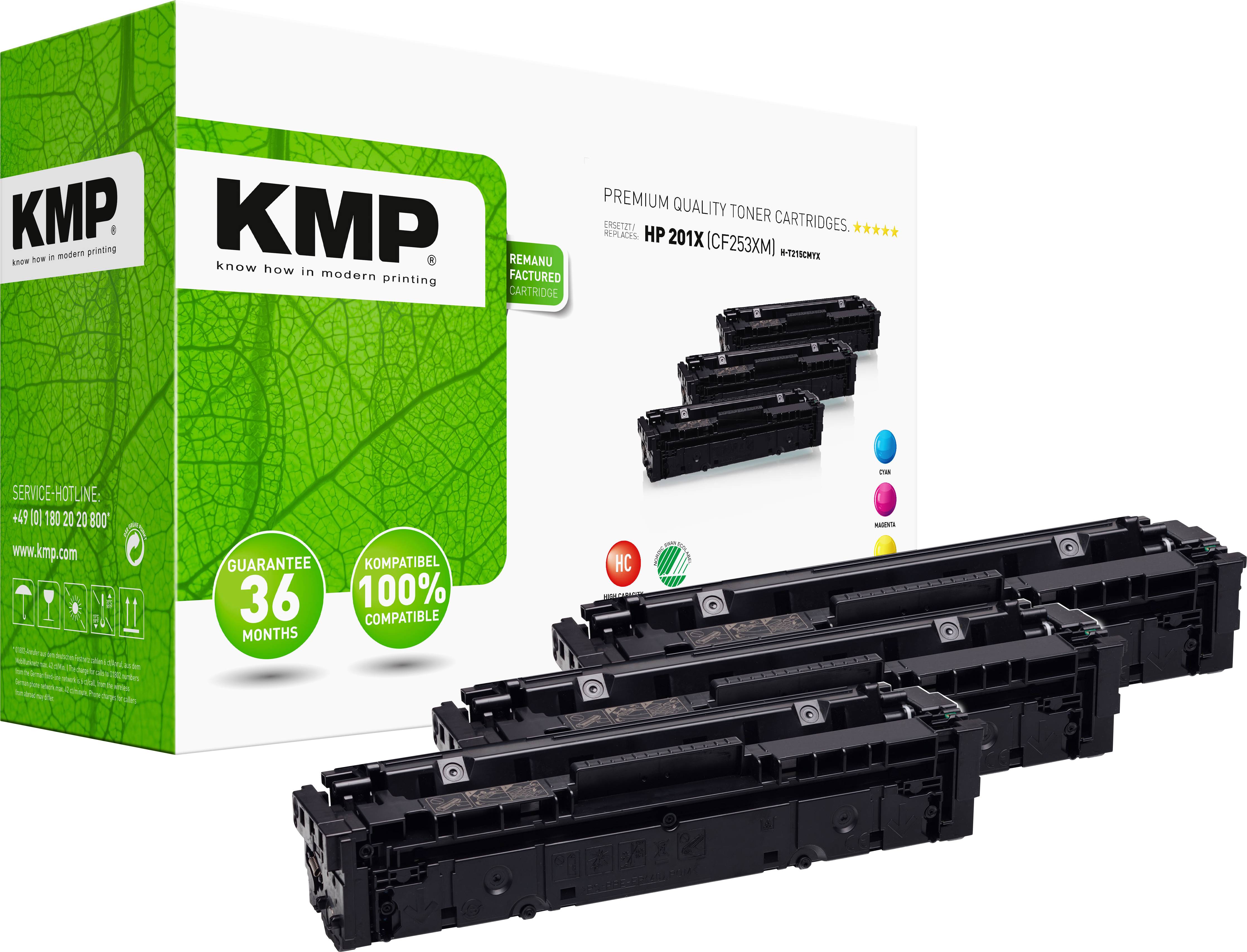 Trois cartouches de toner noires de KMP à côté d'un emballage portant l'inscription « Cartouches de toner de qualité premium ». Garantie de 36 mois.
