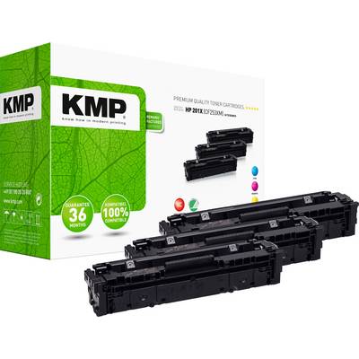 Trois cartouches de toner noires de KMP à côté d'un emballage portant l'inscription « Cartouches de toner de qualité premium ». Garantie de 36 mois.