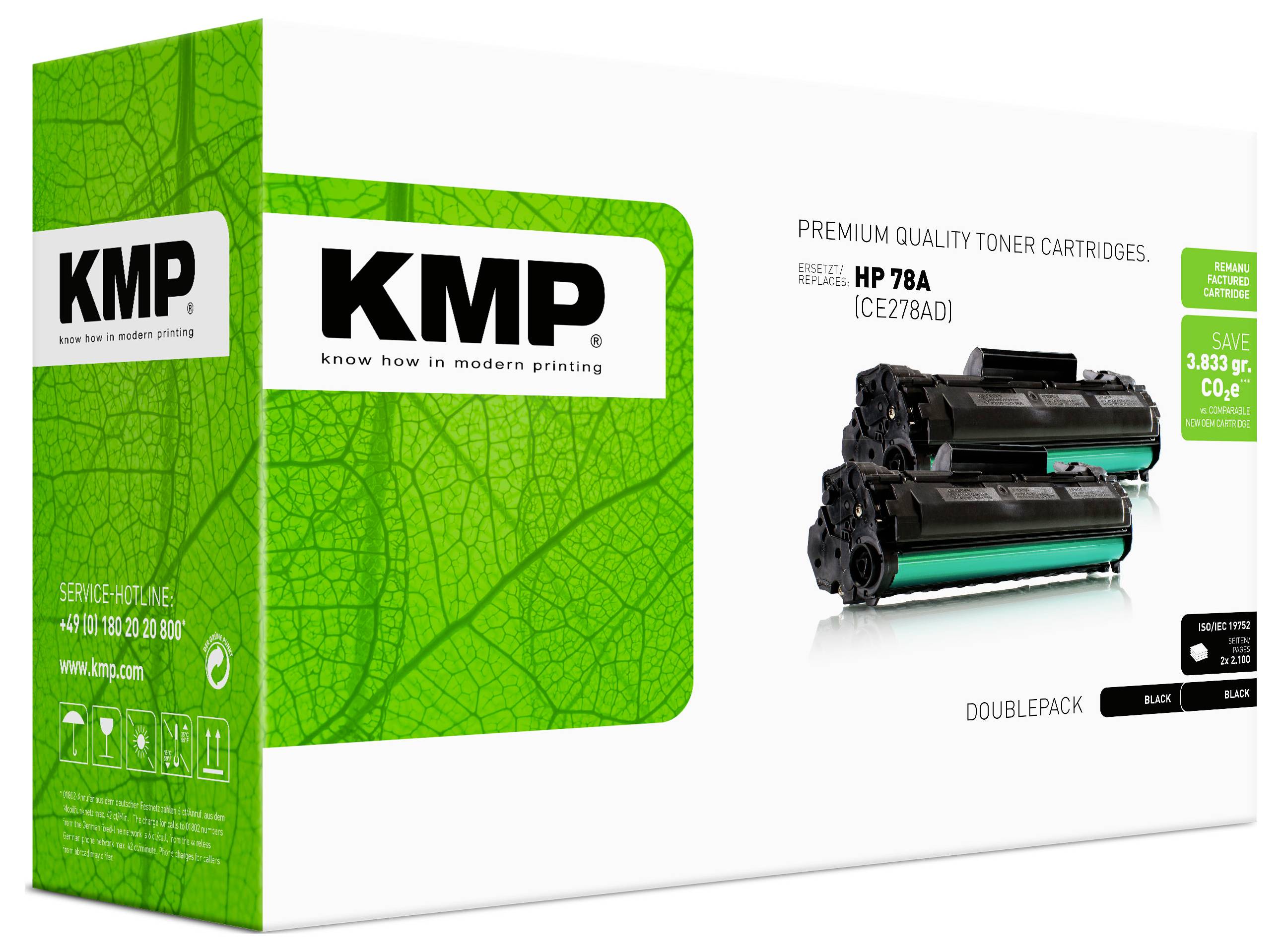 Emballage de boîte pour cartouches de toner de qualité premium KMP, affichant le pack double 'HP 78A' avec deux cartouches de toner noir.