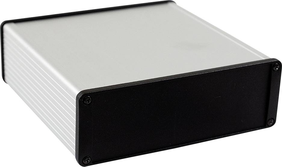 Boîtier métallique de forme rectangulaire, à surface lisse argentée et façade avant noire. Adapté pour les appareils électroniques.