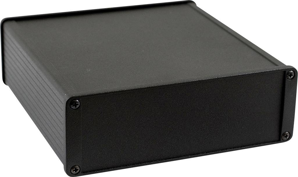 Boîtier métallique noir, rectangulaire, muni de vis aux angles.