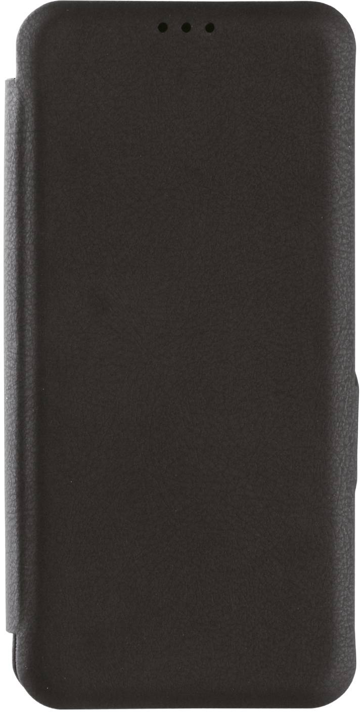 Un étui de téléphone noir en cuir fermé, avec des coins arrondis et un rabat qui couvre entièrement l'appareil.