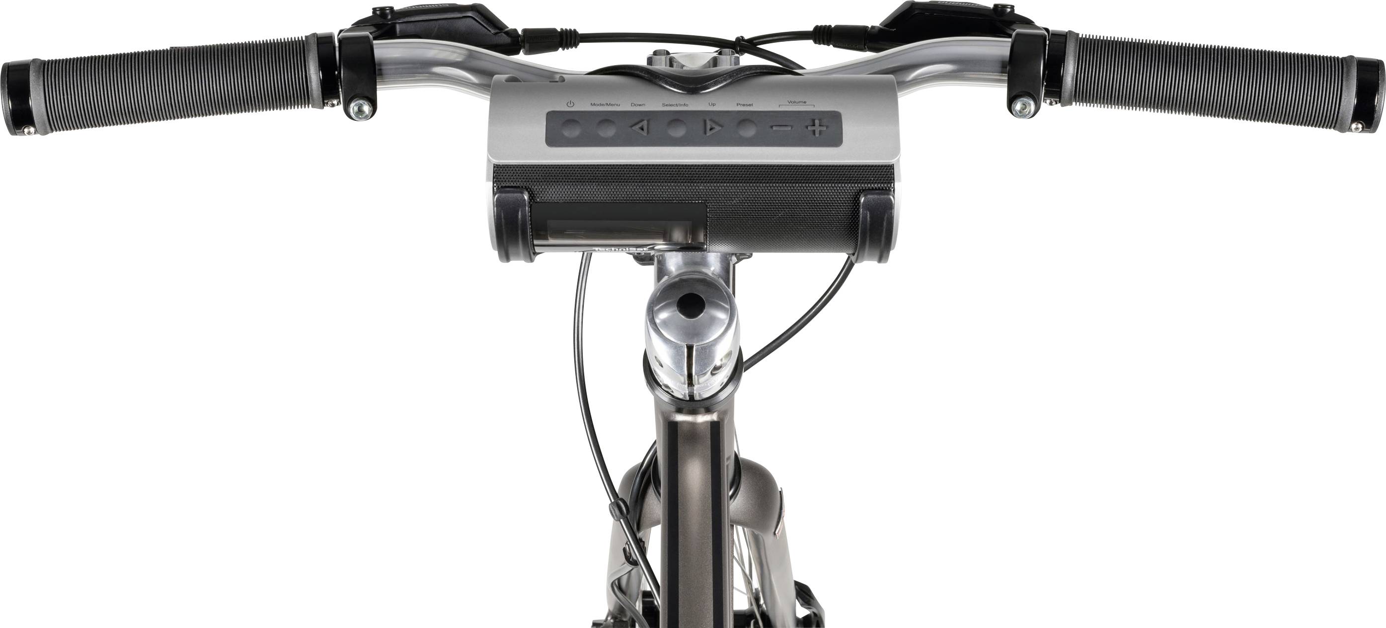 Guidon de vélo vu de dessus avec commande électronique et poignées.