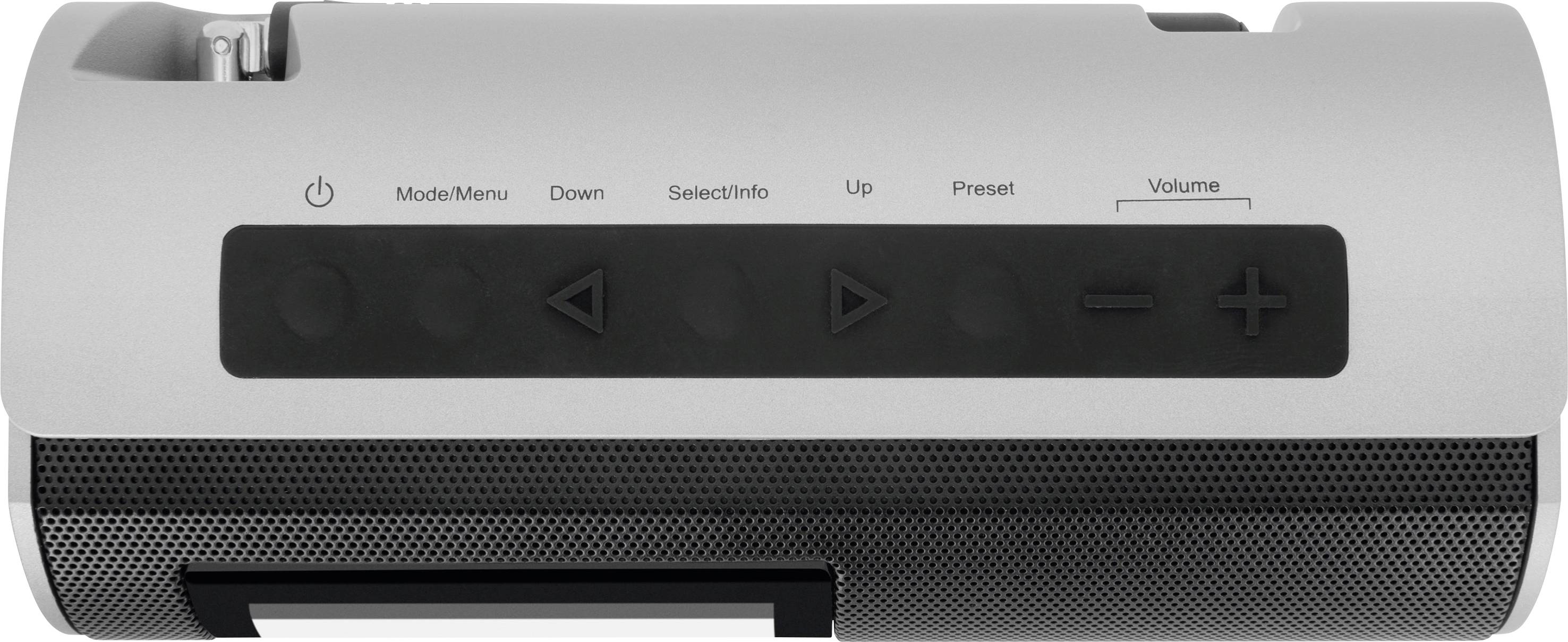 Enceinte portable de forme cylindrique avec touches de commande pour 'Mode/Menu', 'Bas', 'Sélectionner/Info', 'Haut', 'Présélection', 'Volume'.