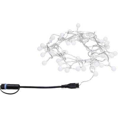 Une guirlande lumineuse avec des boules blanches et un câble noir, adaptée à la décoration ou à l'éclairage. Idéale pour les utilisations intérieures et extérieures.