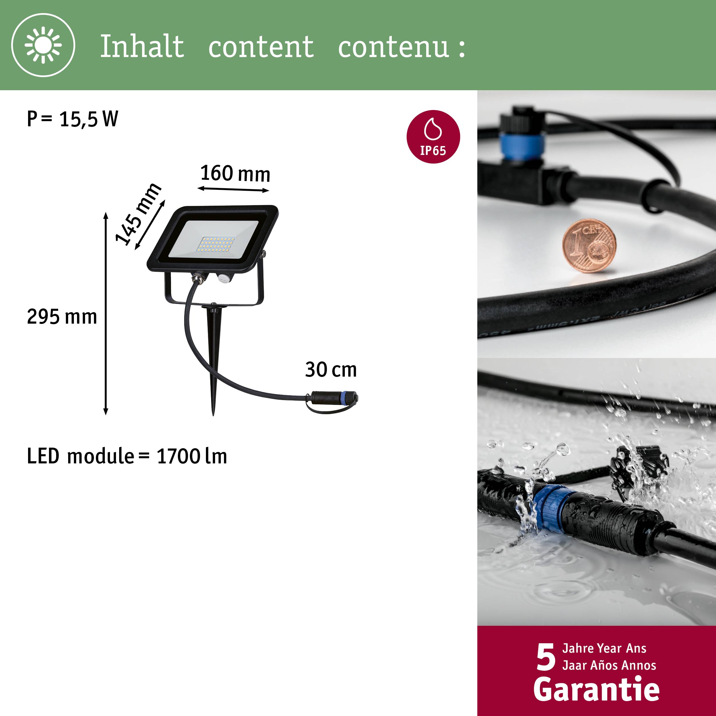 Projecteur 'Fluter' avec une puissance de 15,5 W et une luminosité de 1700 lm, dimensions 295 x 160 mm. Classe de protection IP65 et garantie de 5 ans indiquée.