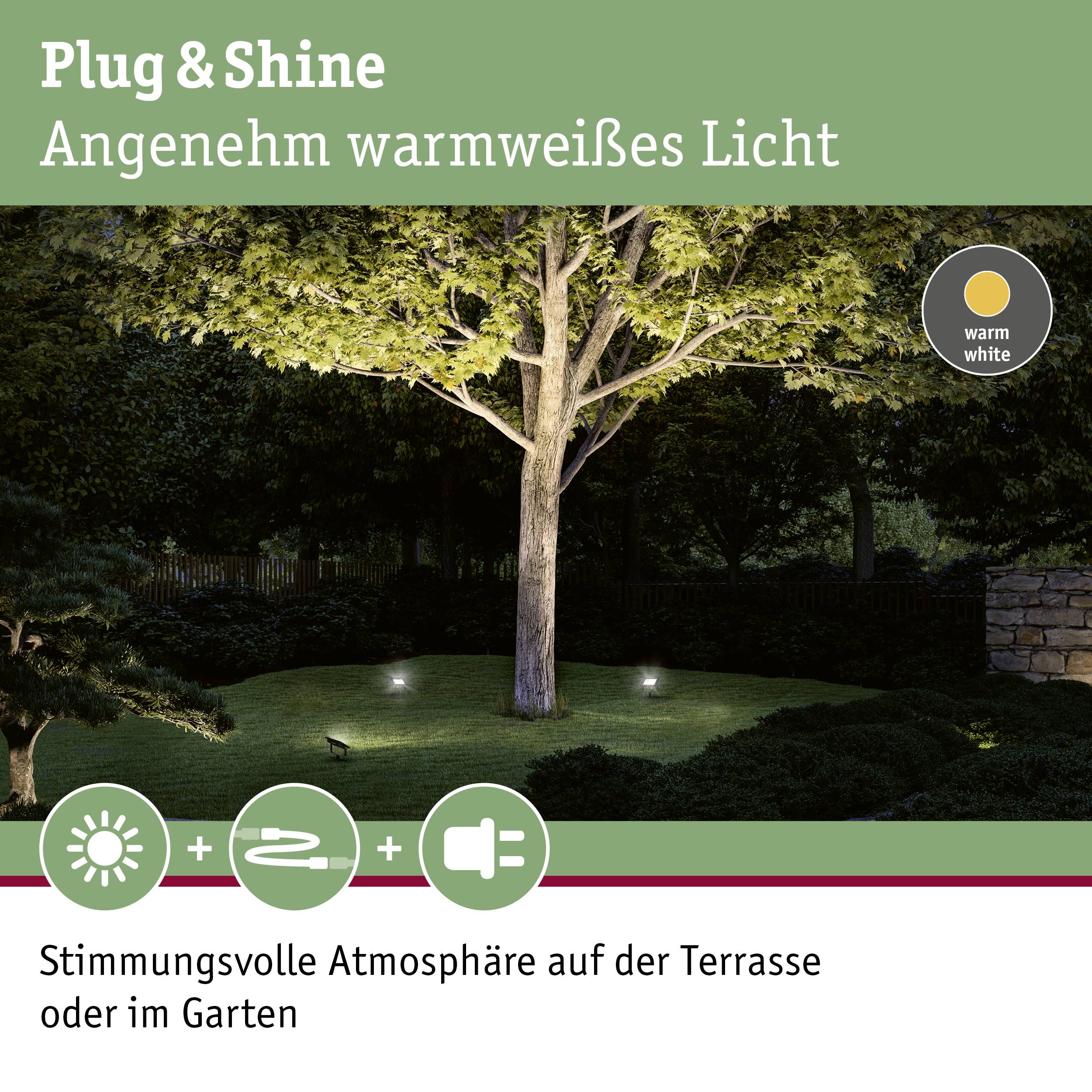 L'image montre un arbre dans un jardin éclairé. En haut, il est écrit 'Plug & Shine Lumière agréablement blanche chaude'. En bas : 'Ambiance chaleureuse sur la terrasse ou dans le jardin'.
