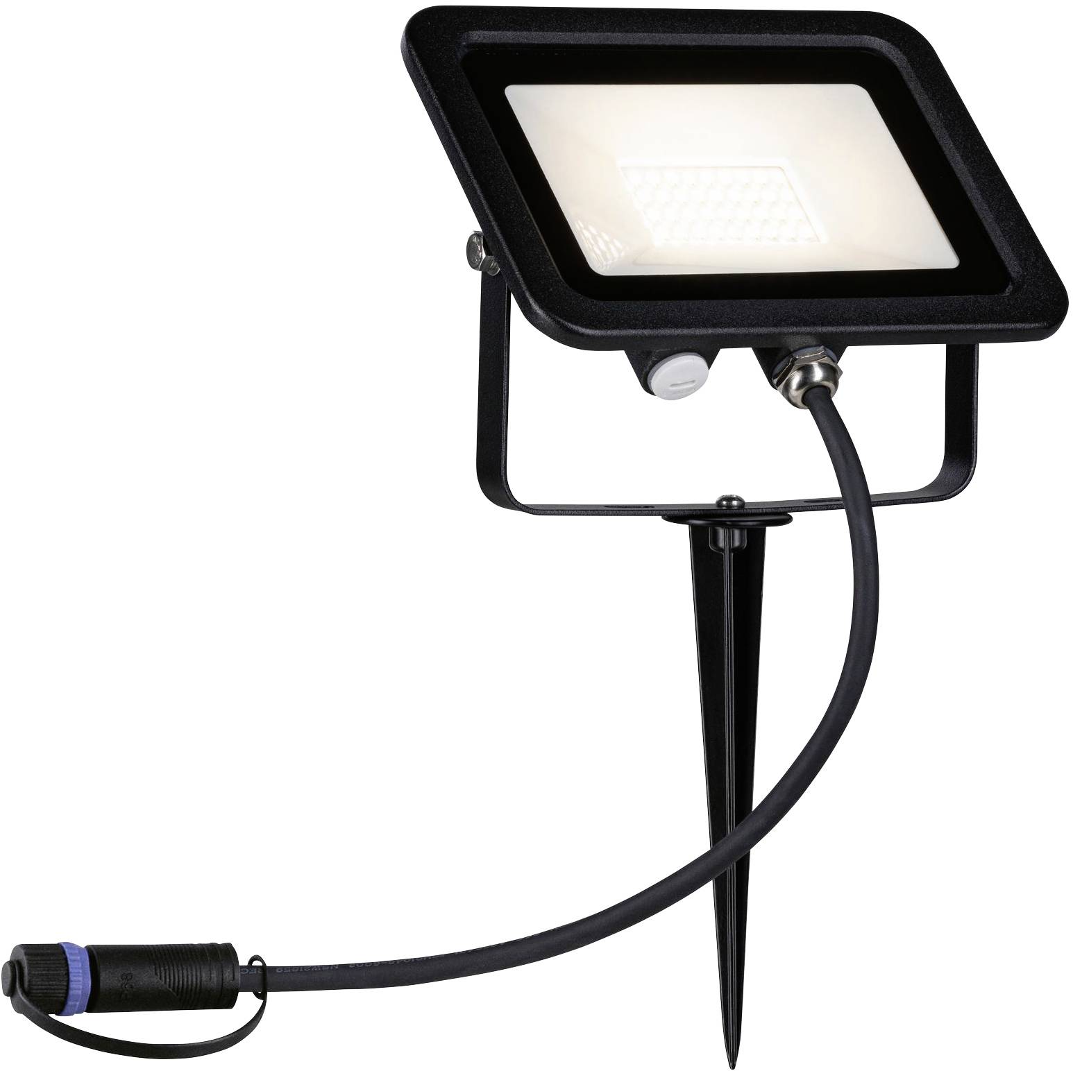 Projecteur LED avec piquet de terre et câble, adapté à l'éclairage extérieur.