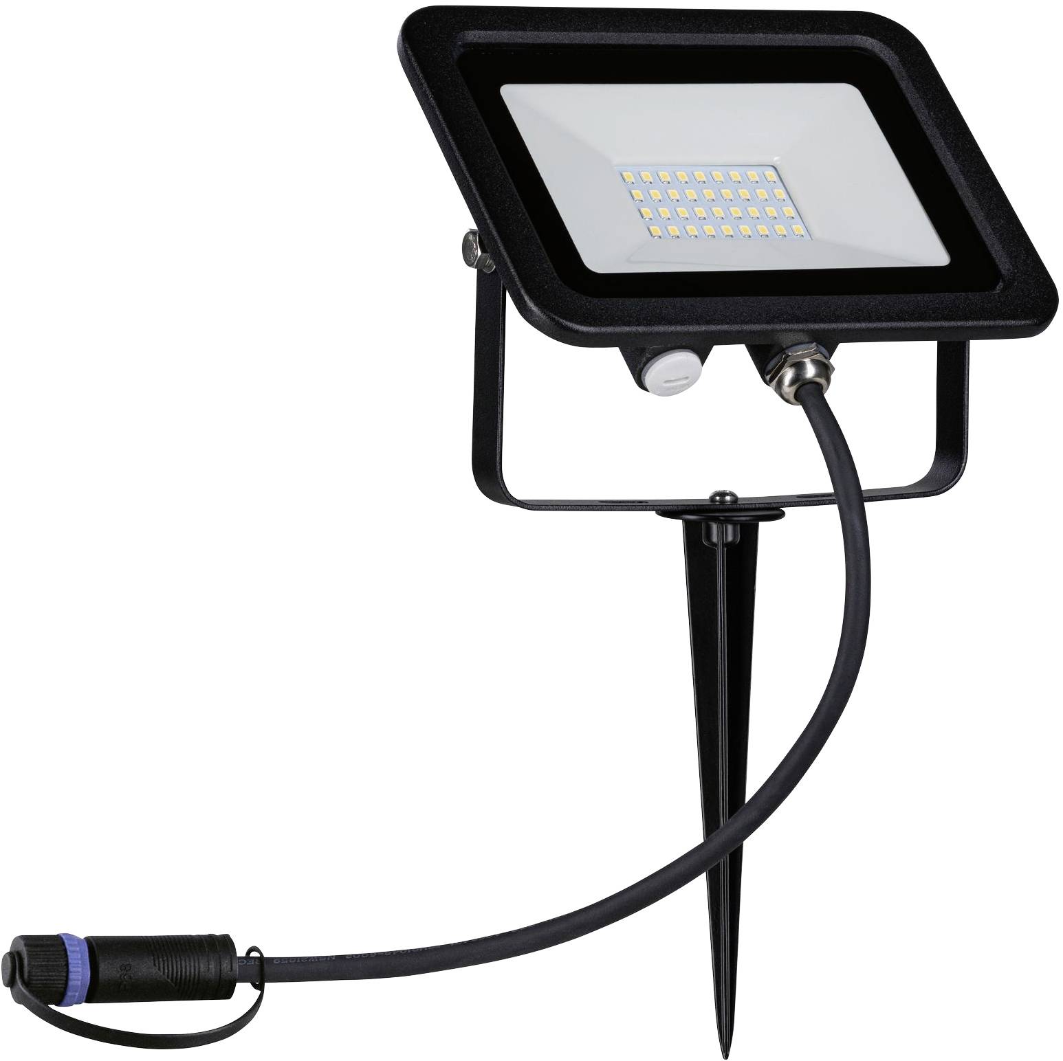 Projecteur LED noir pour éclairage extérieur, équipé d'un piquet de terre et d'un câble.