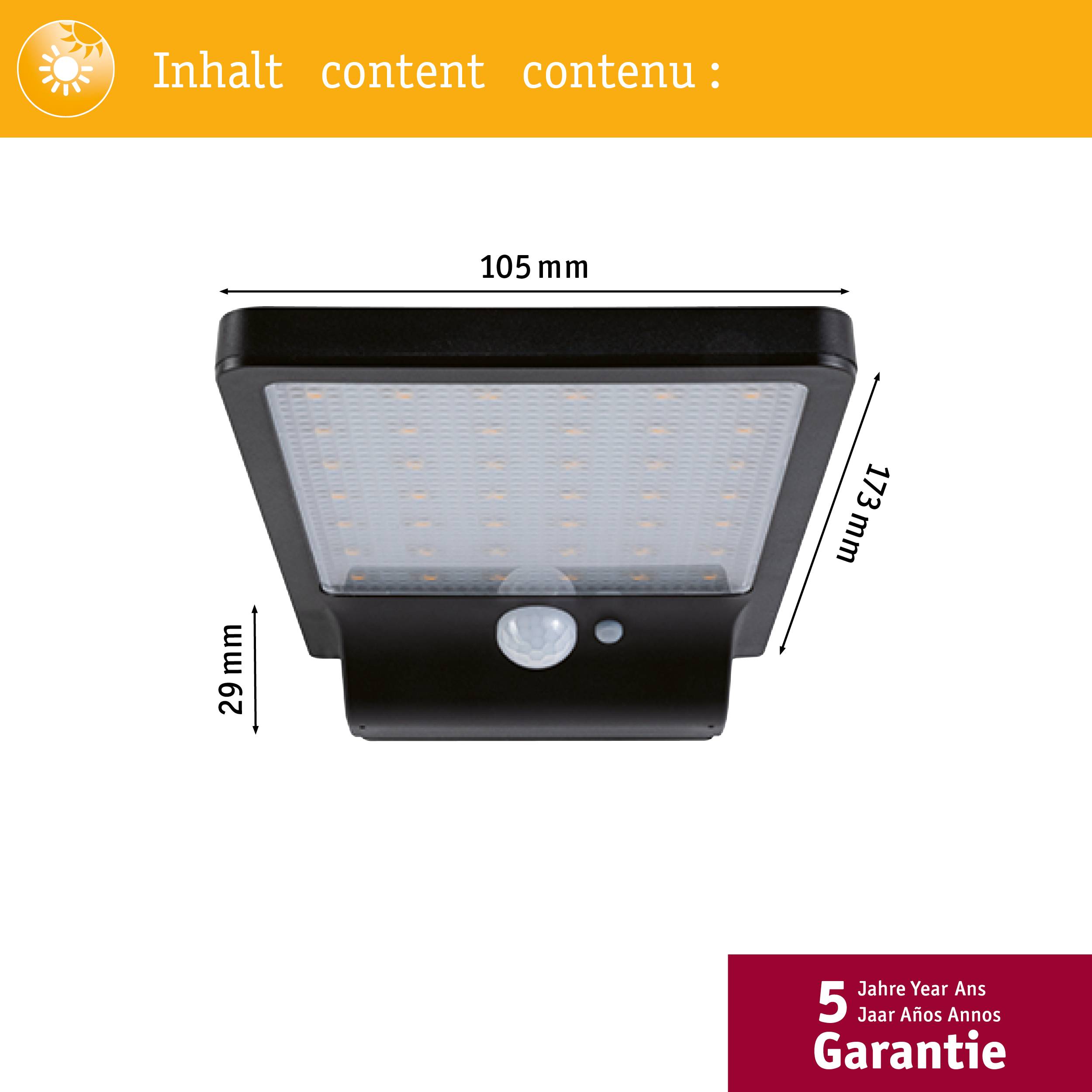 'Luminaire à capteur LED avec dimensions : 105 mm de largeur, 173 mm de hauteur, 29 mm de profondeur ; 5 ans de garantie.'