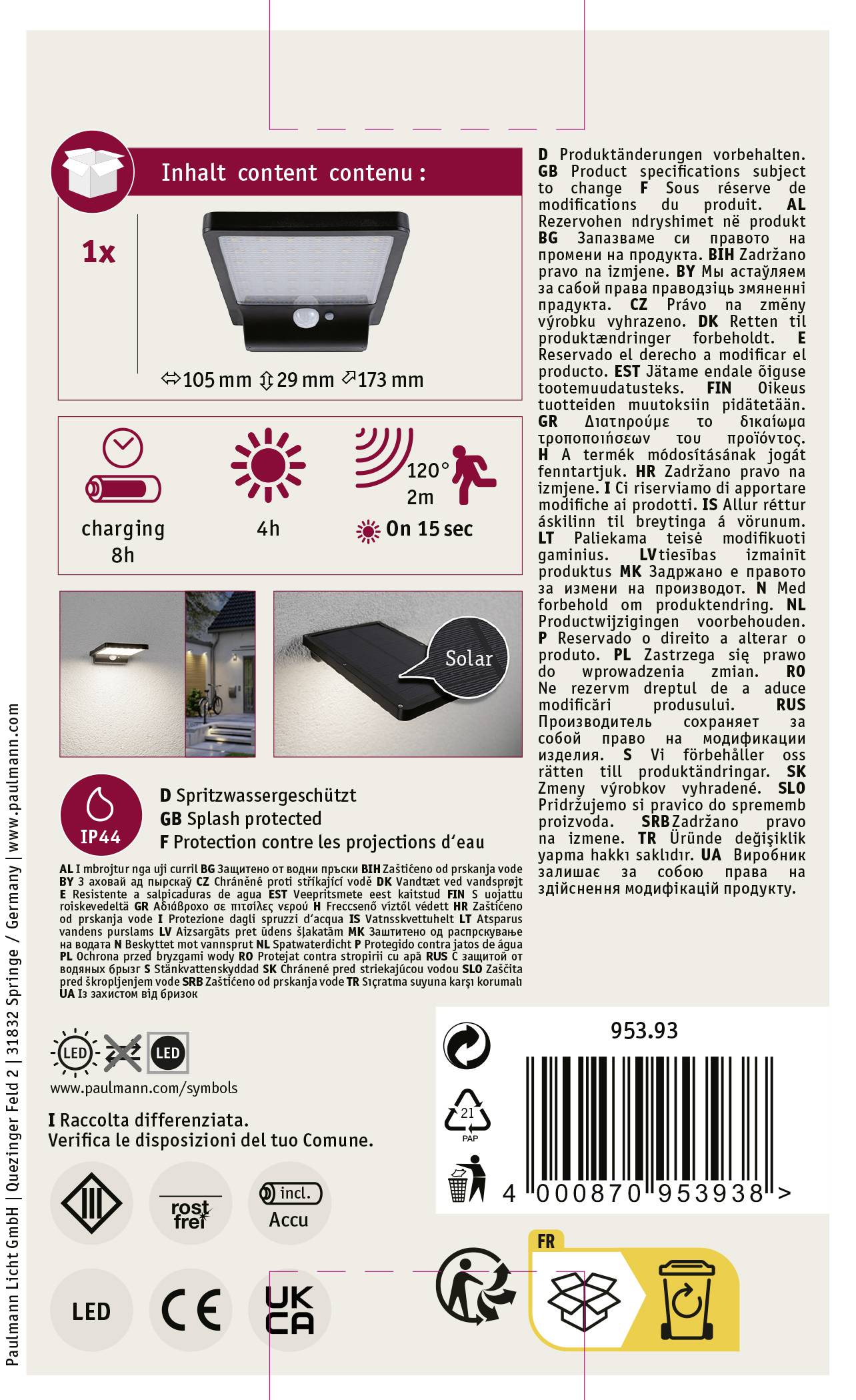 Verso d'un emballage de lampe solaire à LED. Contient des images, des spécifications techniques, des symboles d'étanchéité et de temps de charge.