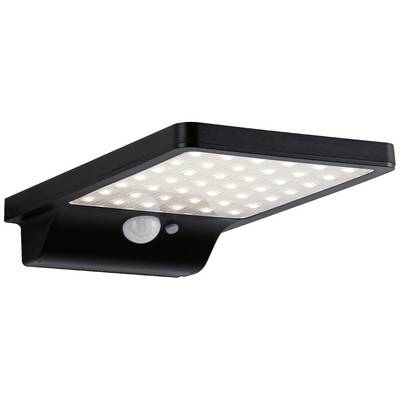 Lampe solaire LED noire avec détecteur de mouvement intégré, principalement conçue pour les espaces extérieurs.