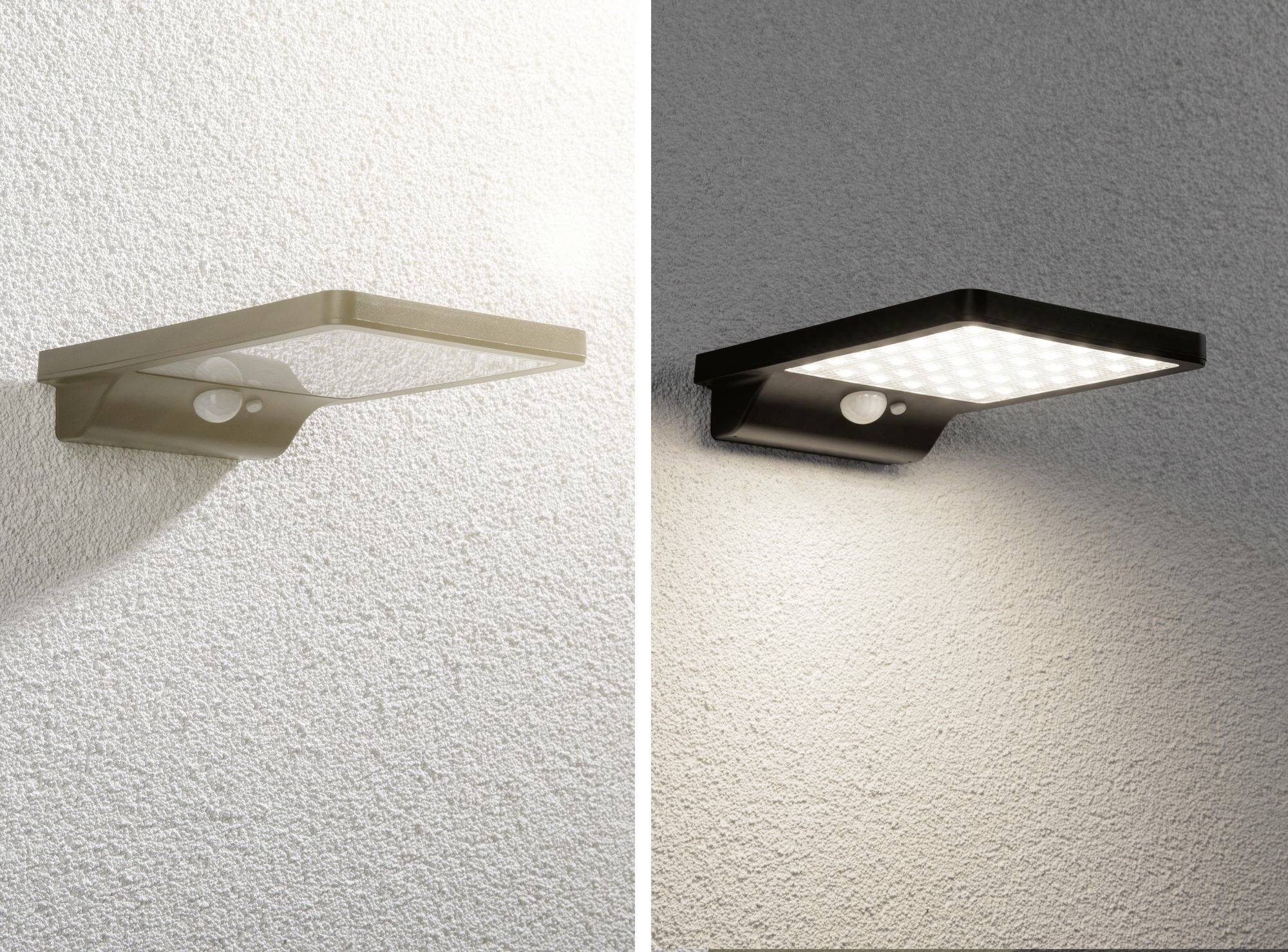 Deux appliques murales extérieures solaires sur un mur ; à gauche dans un état éteint, à droite la lampe brille intensément.