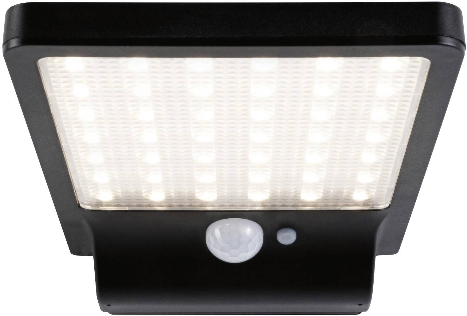 Lumière LED noire avec détecteur de mouvement, s'illuminant intensément. Idéale pour l'éclairage extérieur et les besoins de sécurité.