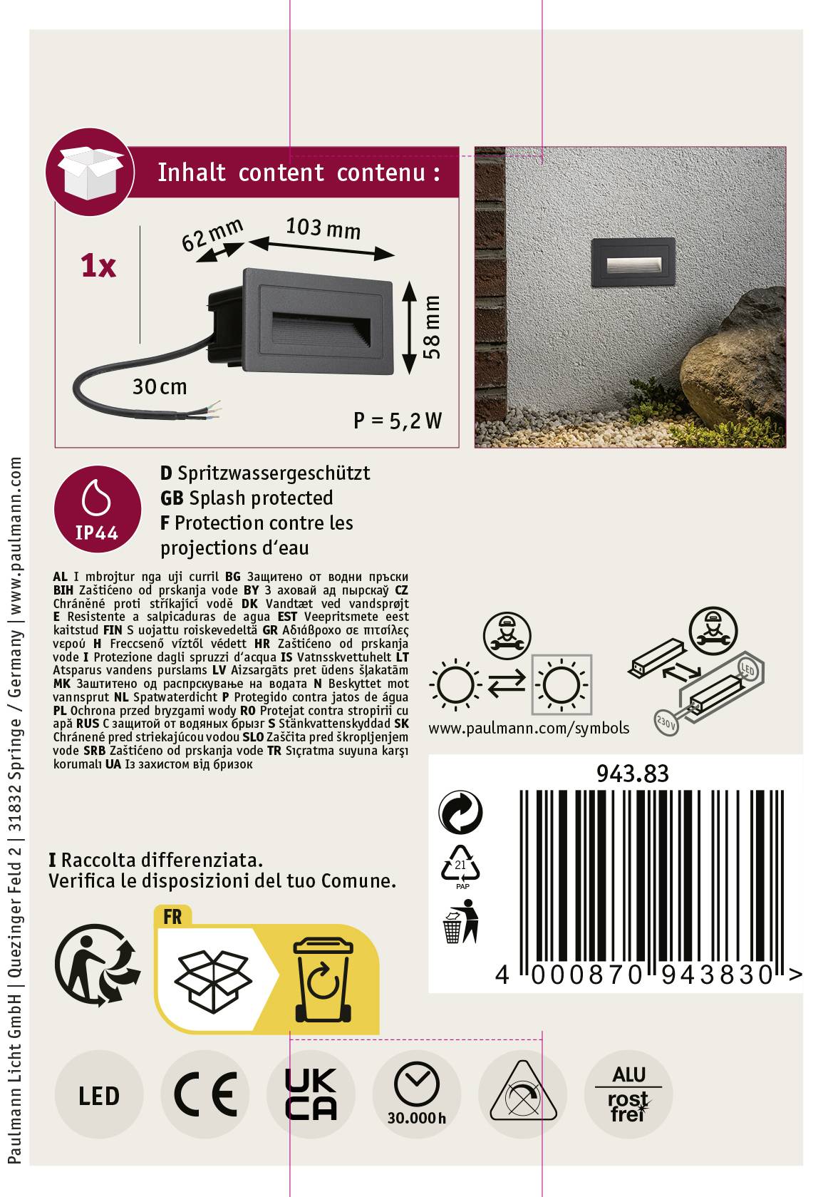 L'emballage du luminaire mural extérieur 'Paulmann' présente l'image du produit, le degré de protection IP44, les dimensions, les instructions de montage et les informations du fabricant.