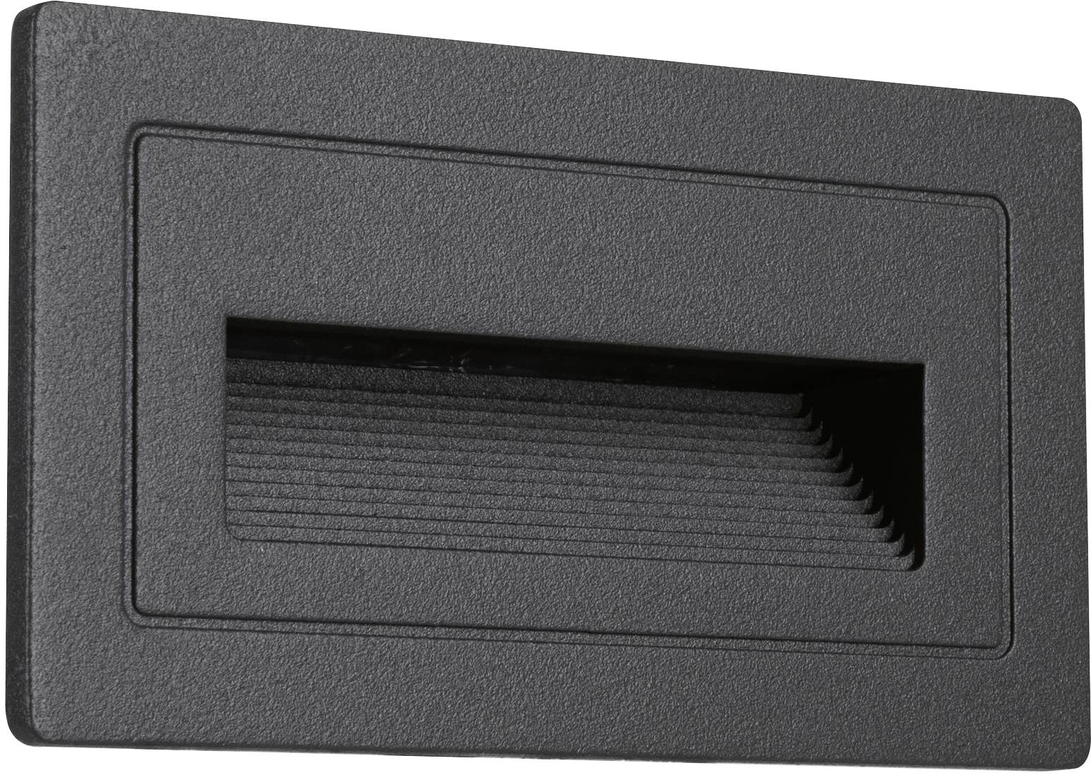 Applique murale noire rectangulaire avec sortie de lumière en forme de rainures, adaptée à l'éclairage intérieur ou extérieur moderne.