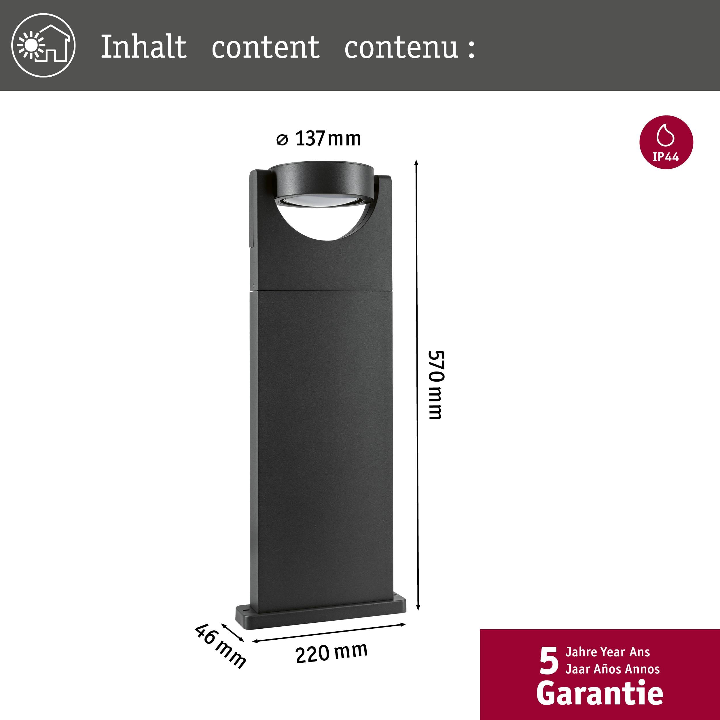 Lampadaire avec protection IP44, hauteur 570 mm, largeur 220 mm, profondeur 46 mm, diamètre 137 mm. Cinq ans de garantie.