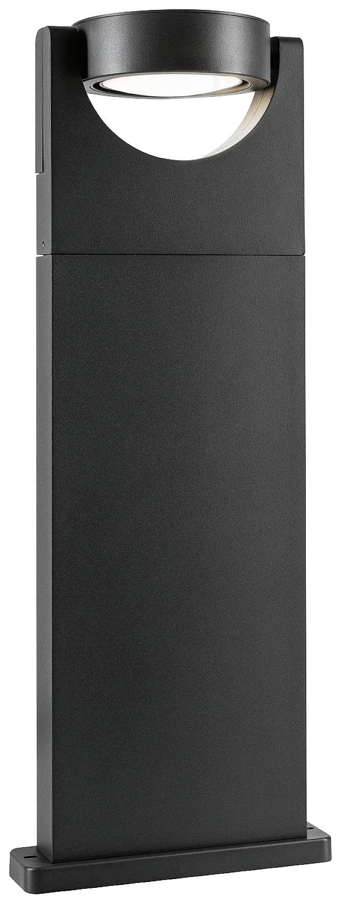 Lampadaire extérieur moderne noir avec socle rectangulaire vertical et abat-jour rond au sommet.