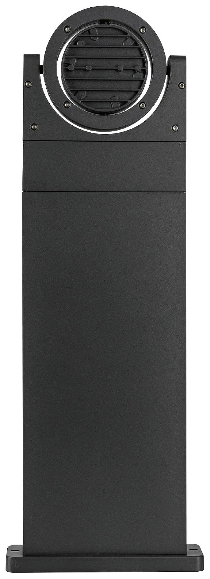 Support noir rectangulaire avec une tête circulaire et mobile en haut. Probablement un haut-parleur ou un appareil de ventilation.