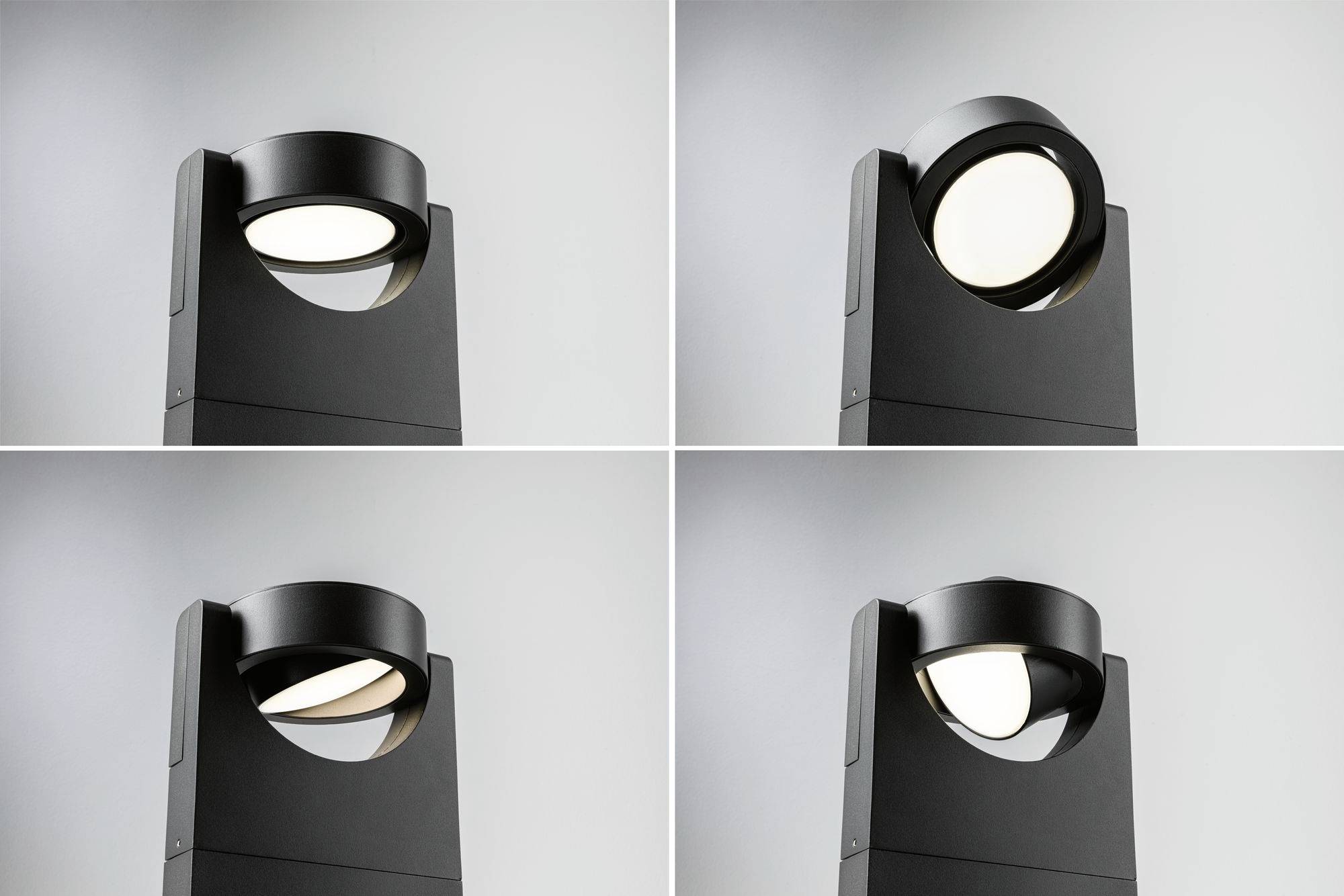 Quatre images présentent une lampe extérieure moderne noire avec une tête ronde, montrant différents angles d'éclairage sur un fond gris.