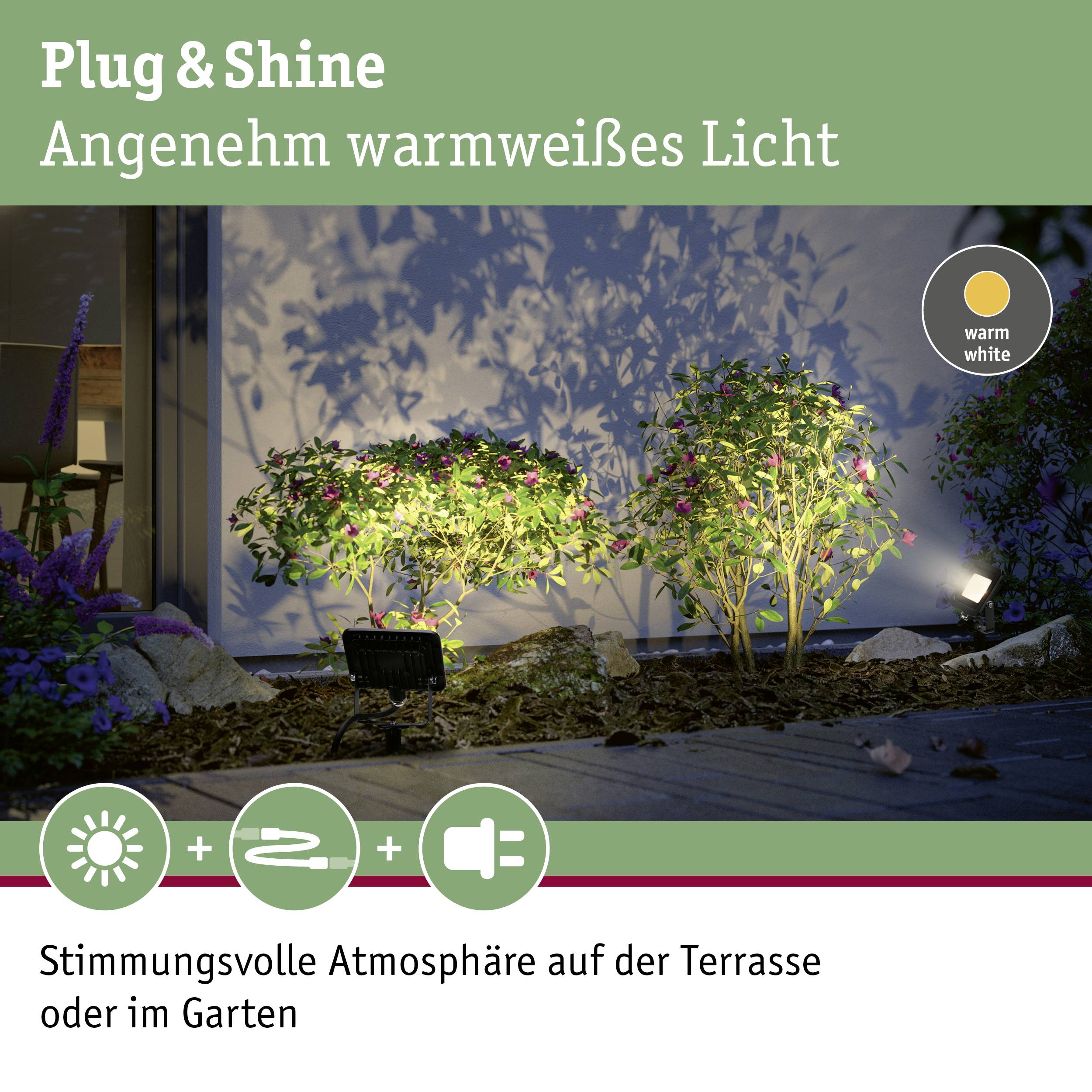 Plug & Shine éclairage de jardin avec lumière blanc chaud pour une atmosphère intimiste sur la terrasse ou dans le jardin.