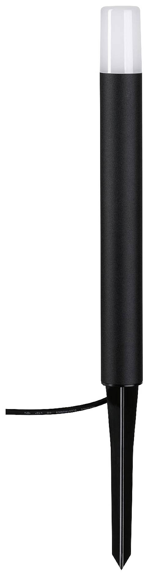 Une borne lumineuse de jardin noire avec piquet de terre et câble. La partie supérieure de la lampe est blanche et lumineuse.