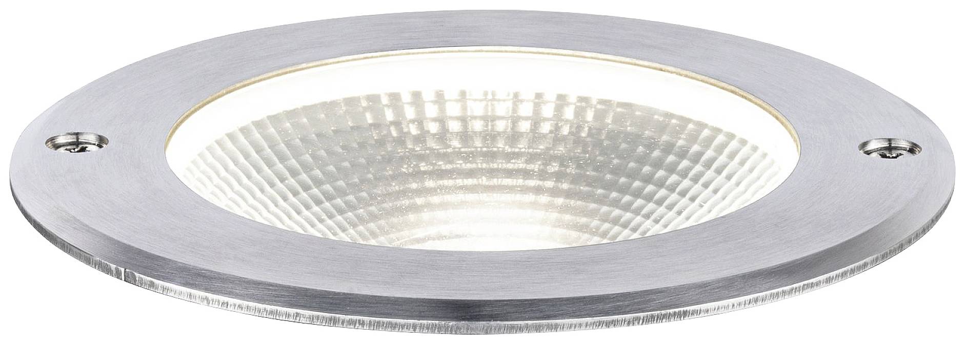 Luminaire encastré LED rond et plat en métal, avec vis apparentes, adapté aux espaces extérieurs, finition acier inoxydable. Idéal pour les chemins piétonniers.