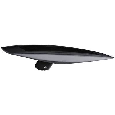 Lampadaire urbain noir moderne, au design aérodynamique avec un module solaire intégré en partie supérieure.