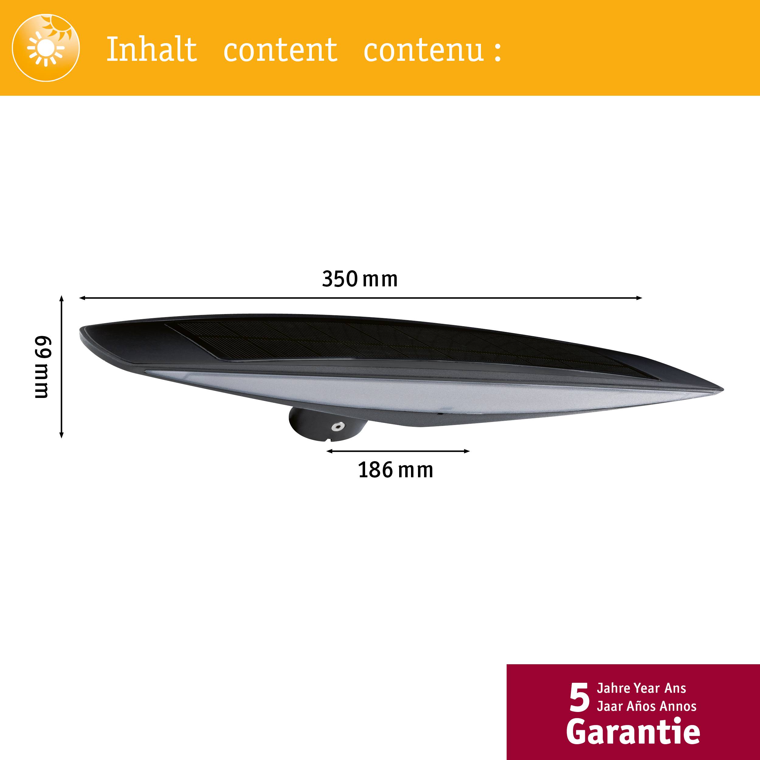 Profil de lampe aux dimensions 350 mm x 186 mm x 69 mm. Bande orange en haut avec le mot 'Contenu' dans plusieurs langues. En bas, mention de '5 ans de garantie'.