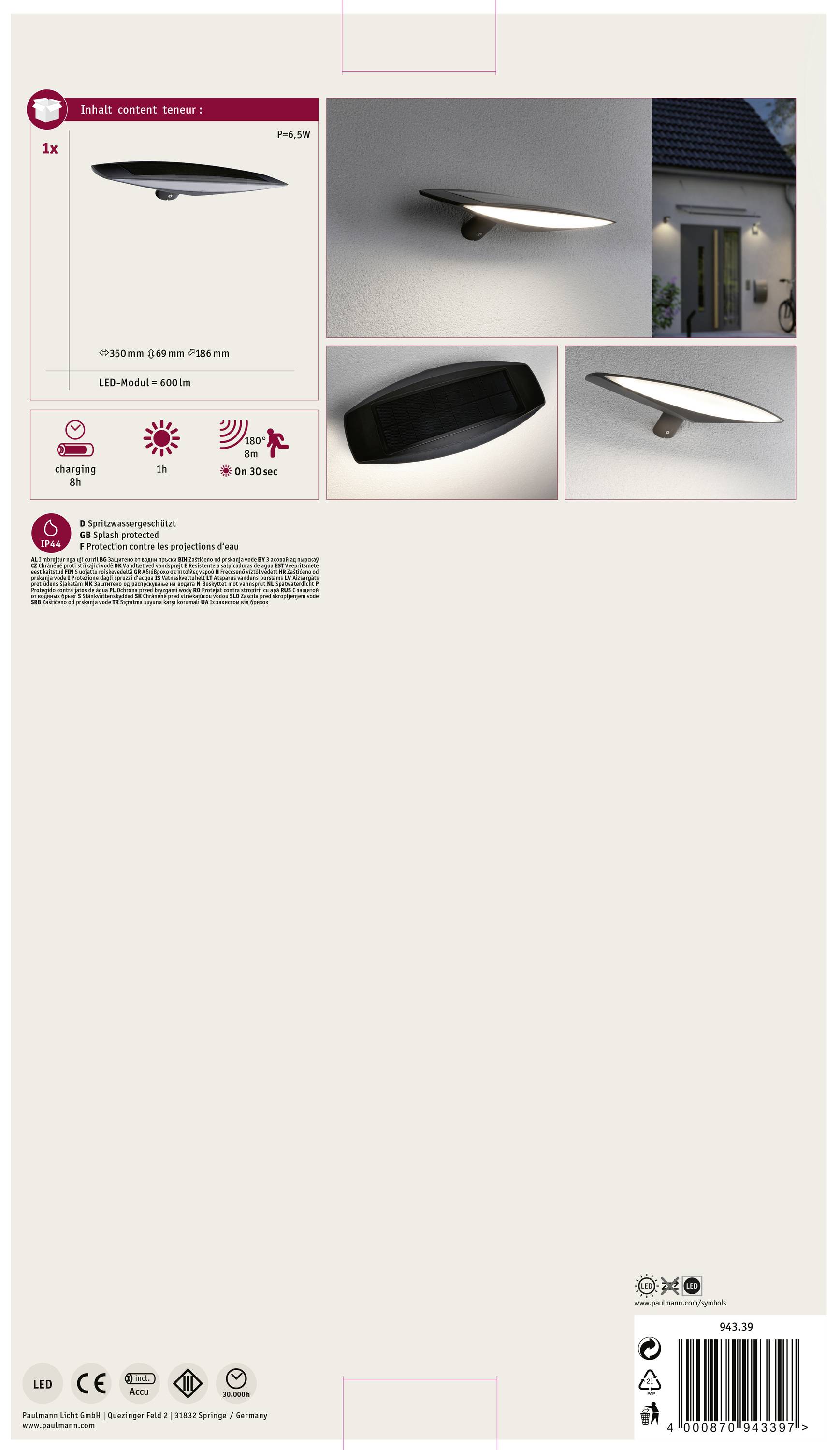 'Lampe à LED de 800 lumens, capteur de détection de mouvement, adaptée à l'extérieur. Illustrée sur un mur avec la lumière allumée.'